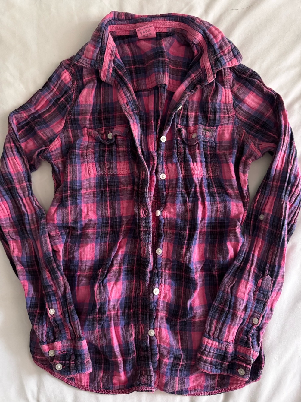 PINK Victoria’s Secret Pink & Navy Plaid Flannel Button-Up Shirt